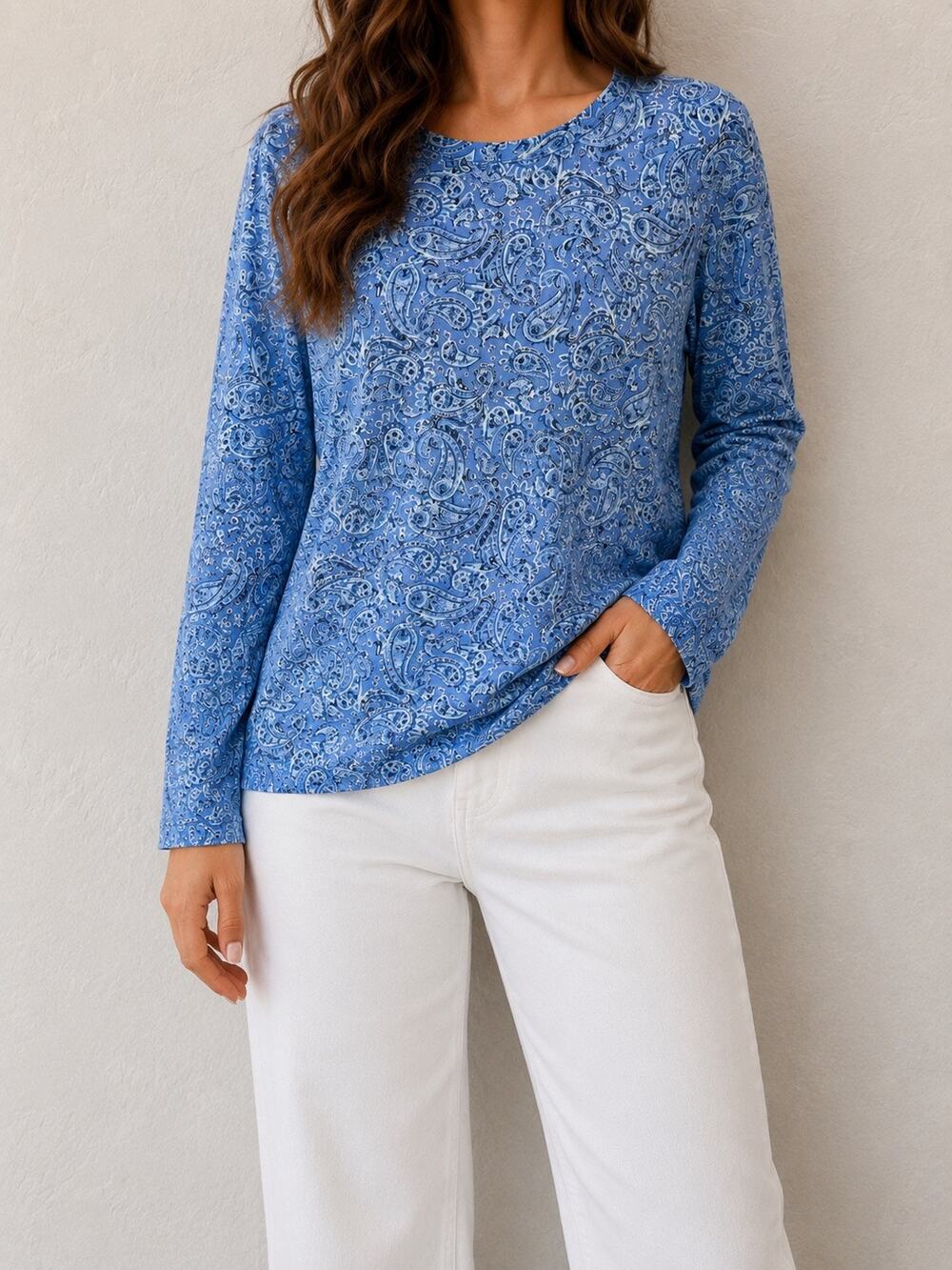 J.JILL 100% Pima Cotton Blue Paisley Long Sleeve Tee Top Petite XL